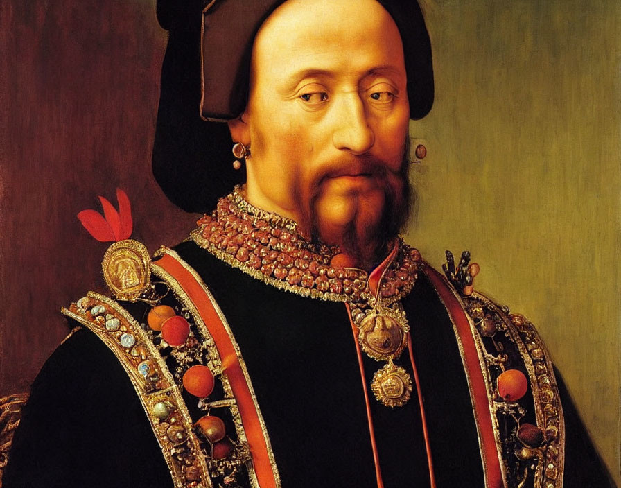 Regal portrait of a man in feathered cap and bejeweled garments