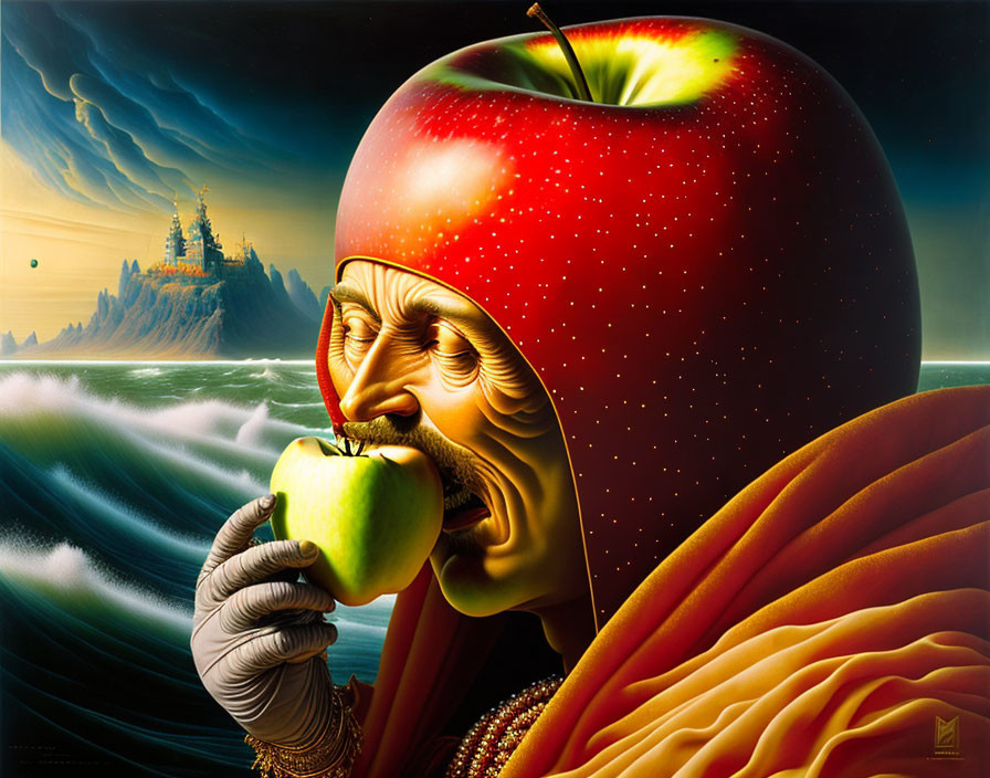 Surreal Artwork: Man's Face Blended into Apple with Tempestuous Sea Background