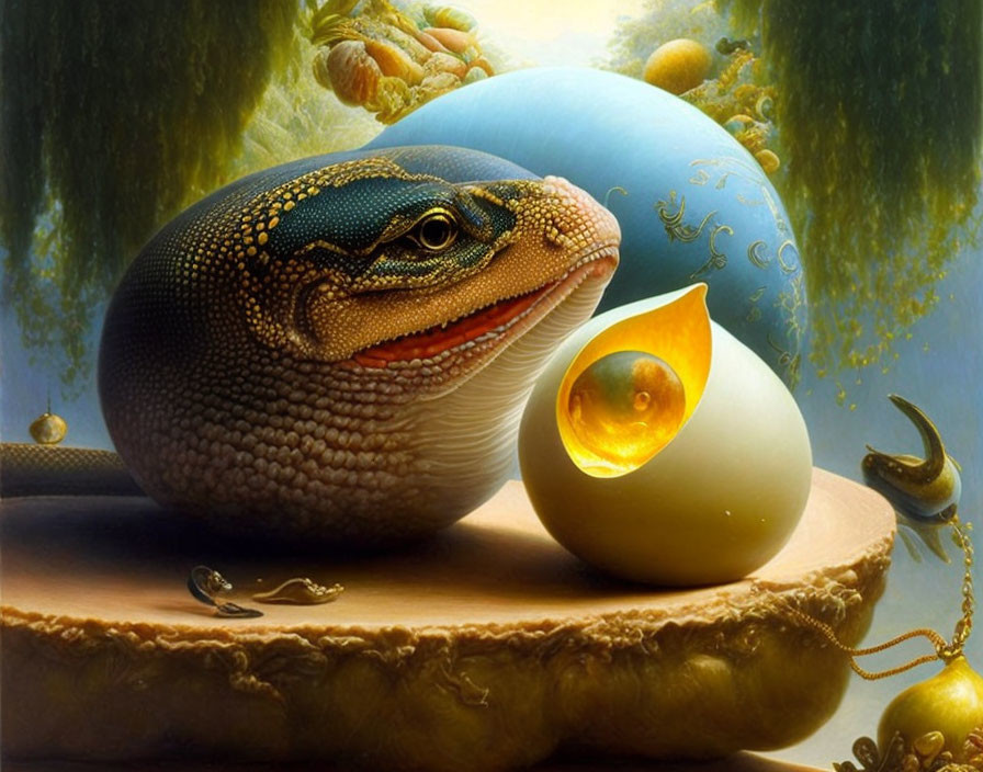 Surreal painting: large lizard, glowing egg, golden elements, celestial bodies