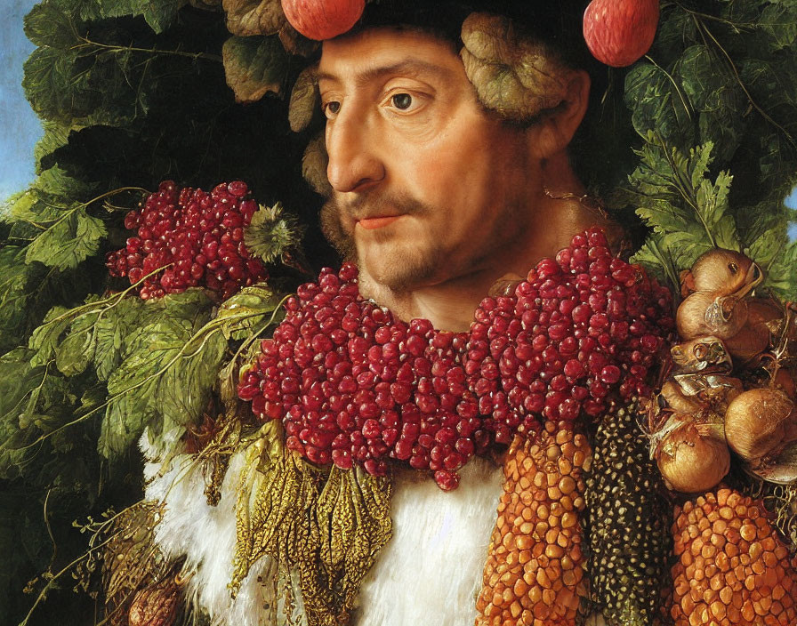 Man portrait with fruits and leaves symbolizing abundance and nature connection