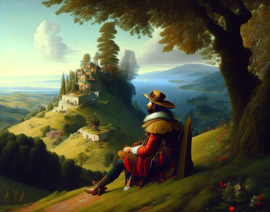 Renaissance man in attire gazes at distant castle in landscape