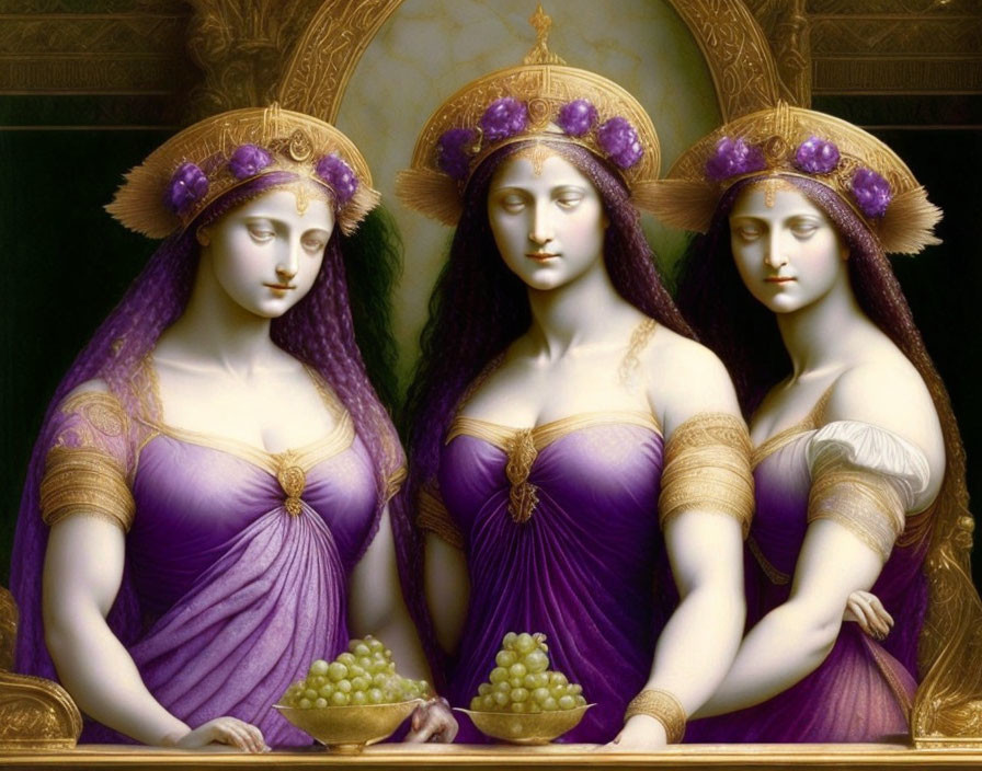 Three women in violet ancient Greek attire with grapevine crowns holding a bowl of grapes