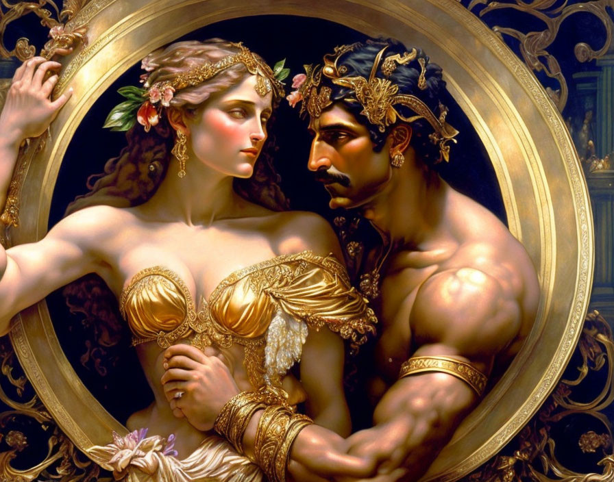 Regal man and woman in opulent golden attire sharing intimate gaze