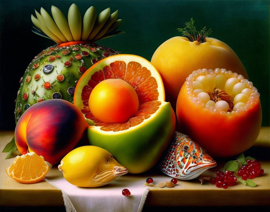Colorful Exotic Fruits Painting on Dark Green Background