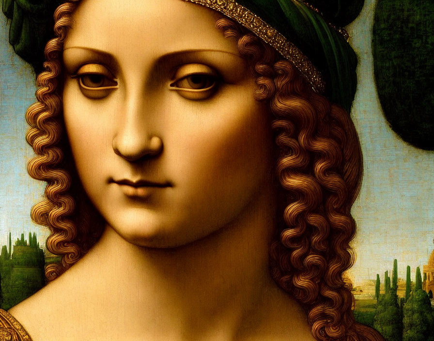 Portrait of woman with curly hair and headdress in serene expression against landscape.