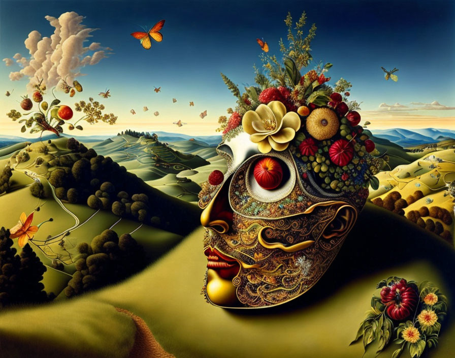 Surreal landscape featuring decorative skull with fruits, flowers, and eye amid rolling hills and butterfly