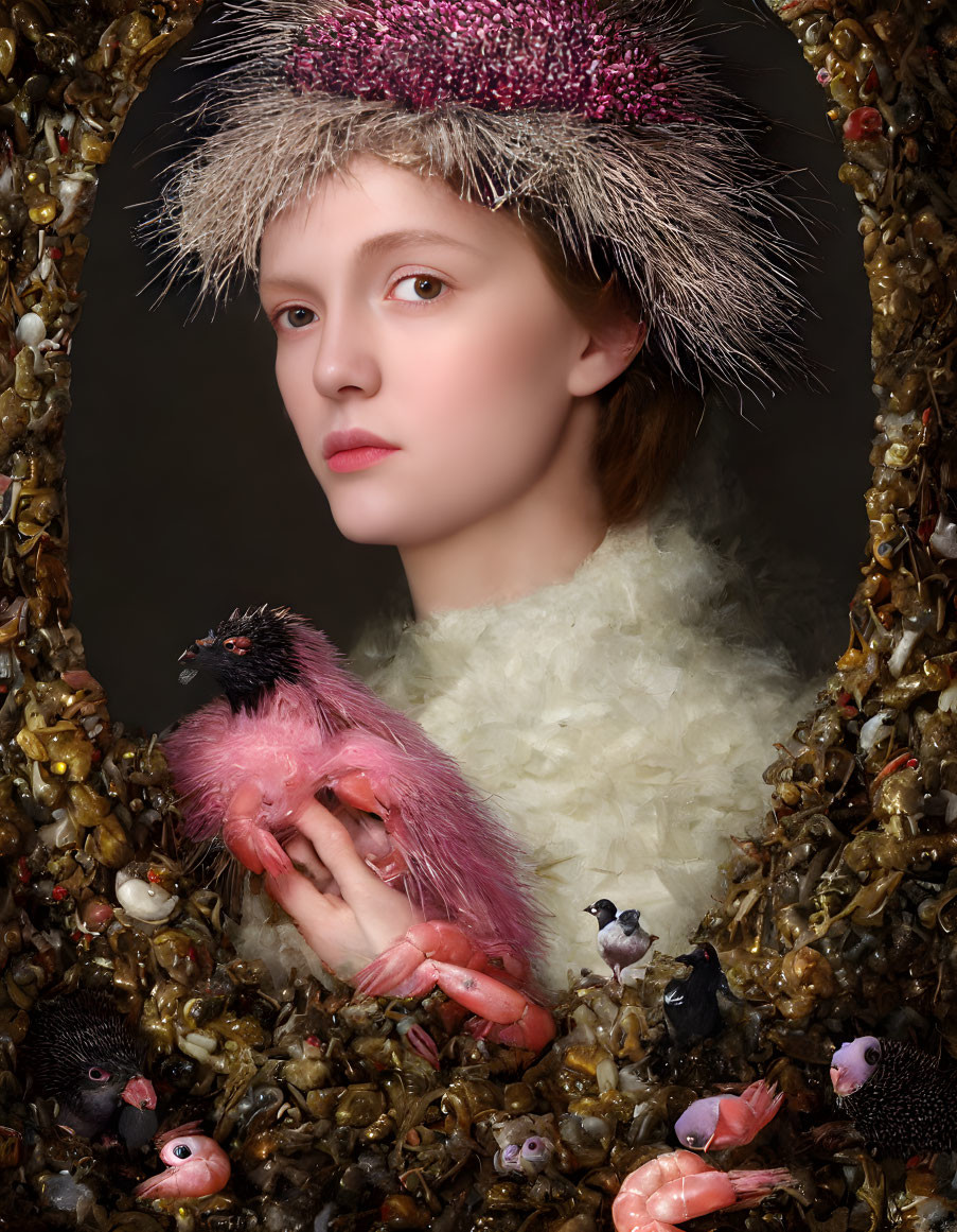 Portrait of person with pale skin in feathery hat and furry garment, holding pink bird, surrounded