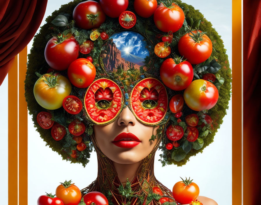 Surreal portrait of a woman with tomato headdress in arid landscape