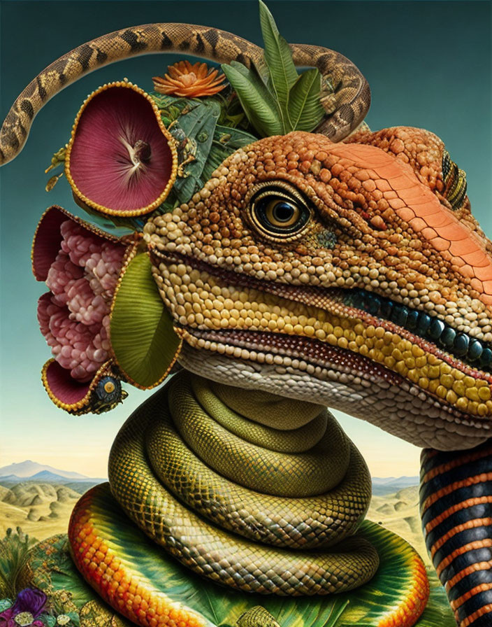 Vibrant surreal snake portrait with fruit, vegetable, and flower head