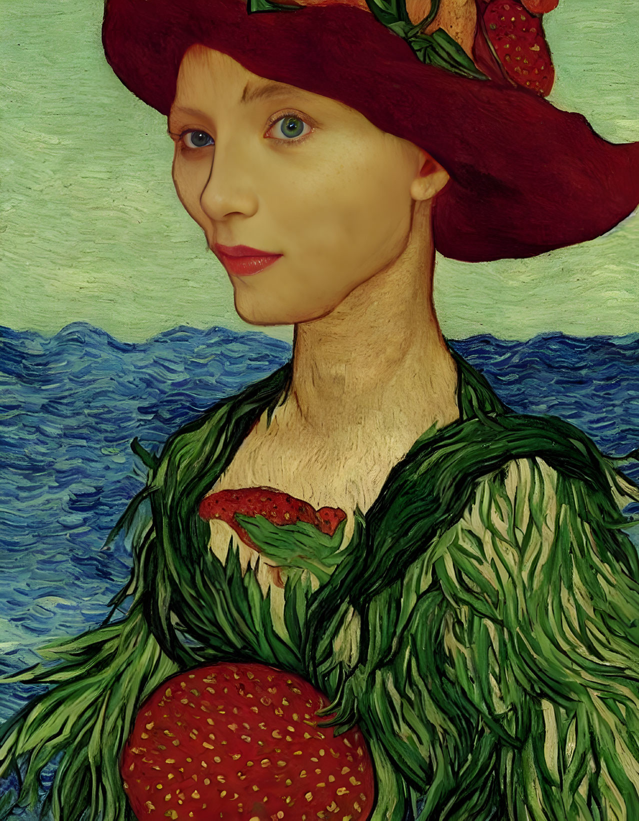 Woman portrait with red hat and Van Gogh-inspired brushwork