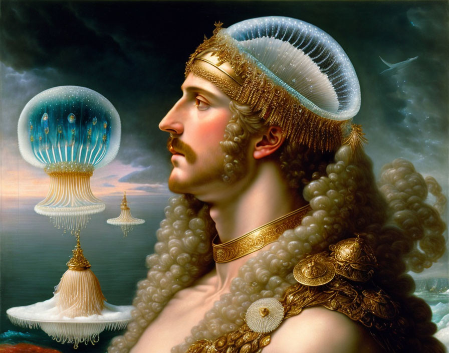 Surreal portrait featuring regal man and jellyfish-like airships in cloudy sky