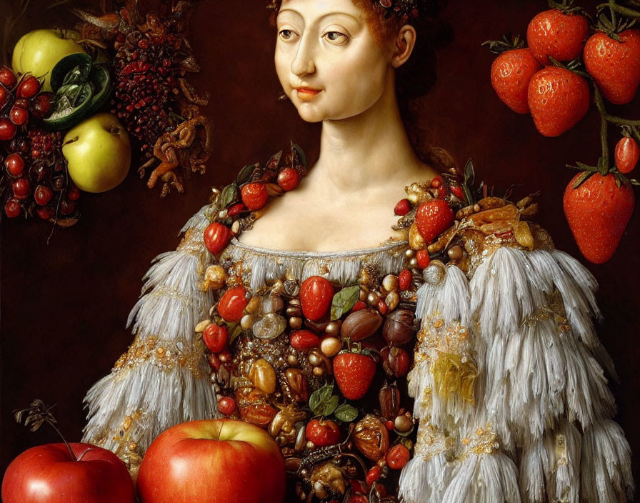 Portrait of woman in fruit and leaf dress against dark background