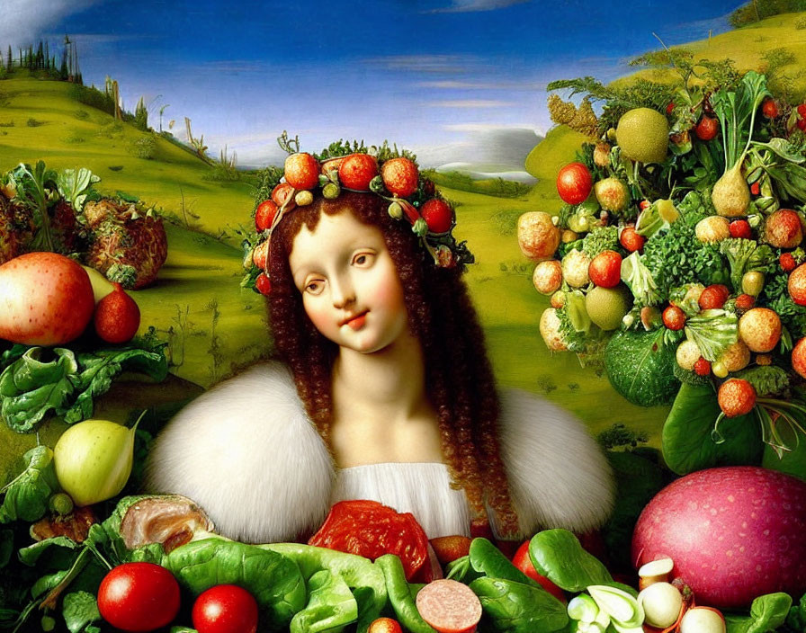 Renaissance-style portrait of a woman with fruit and vegetable garland