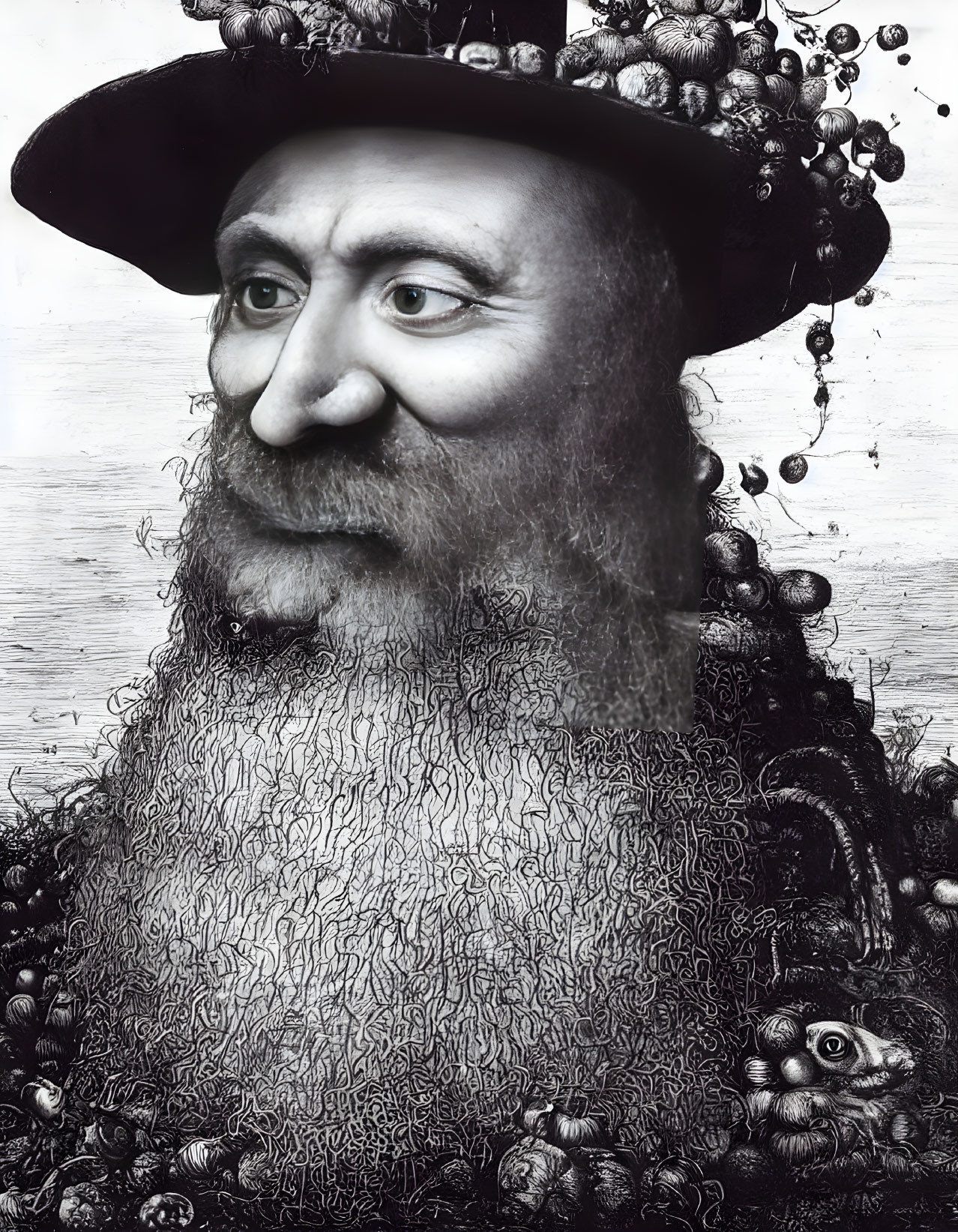 Detailed black-and-white portrait of a man with curly beard, fruits, creature, and wide-brim