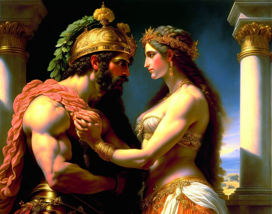 Muscular warrior and adorned woman in a painting gaze at each other