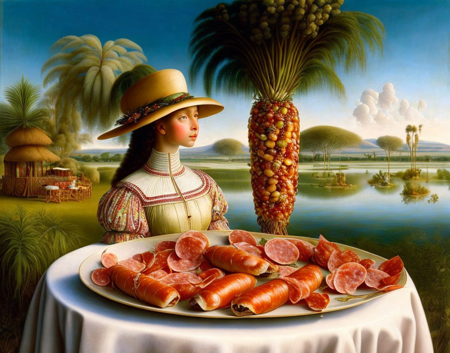 Woman in straw hat with sliced meats against tropical backdrop