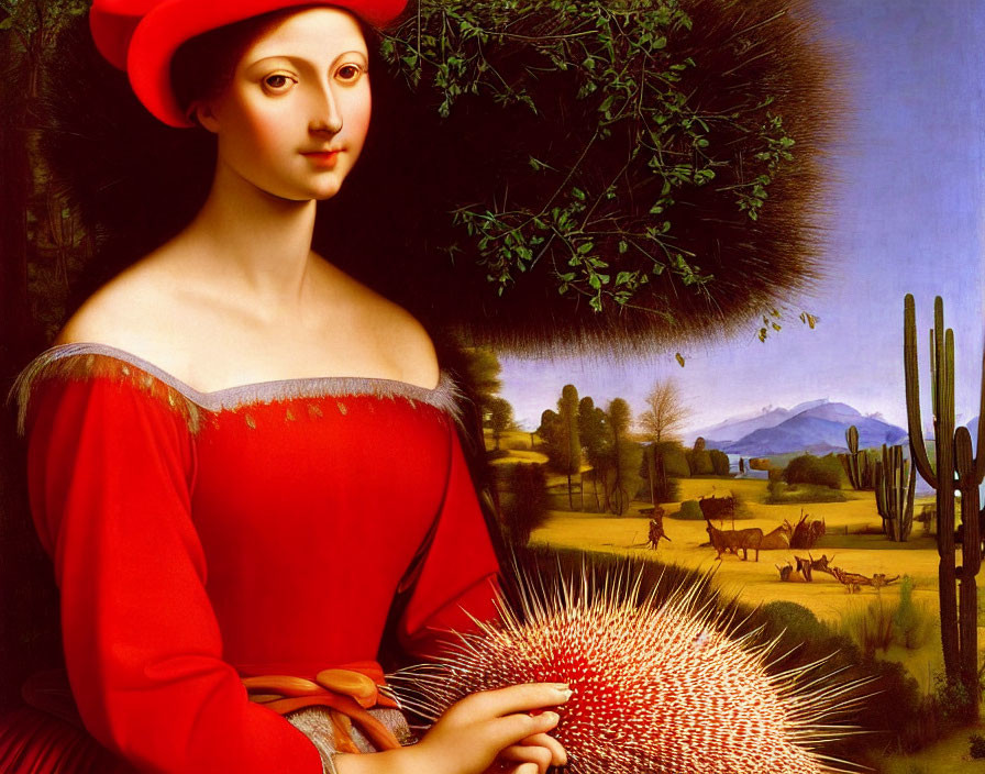 Portrait of Woman in Red Dress and Hat Holding Spiky Object in Whimsical Landscape