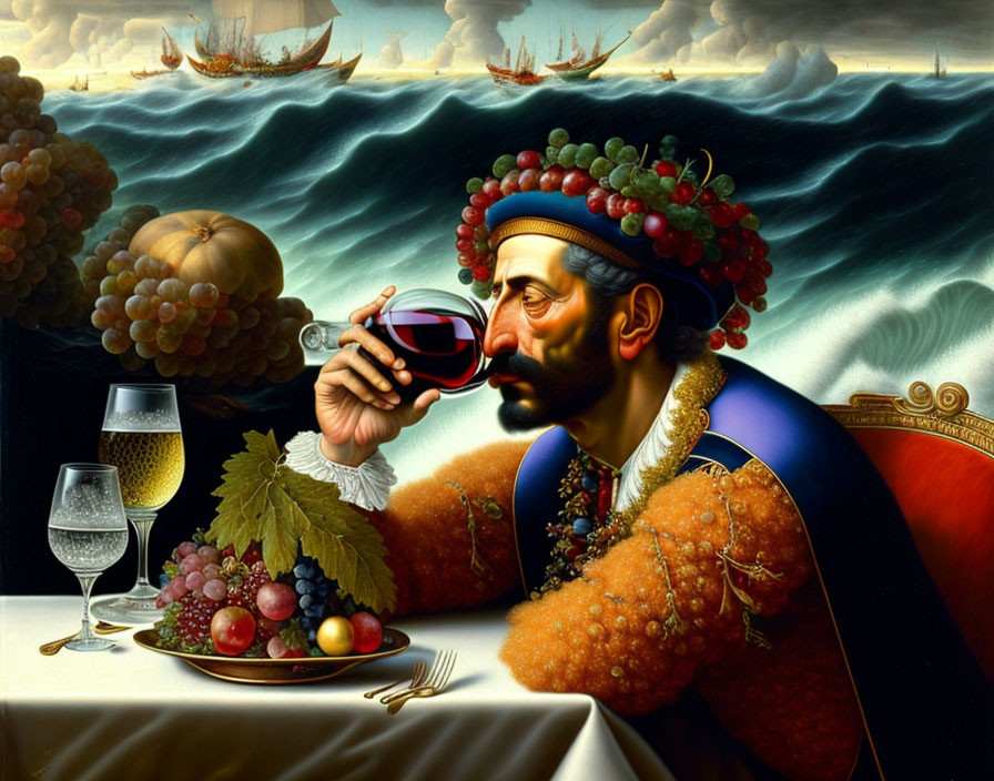 Man wearing grapevine crown sips wine near fruits and ships on waves