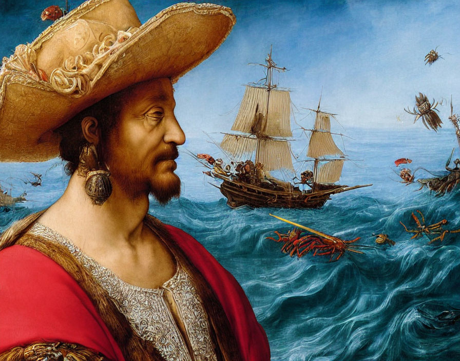 Man in Large Hat and Red Attire Overlooking Chaotic Sea Scene