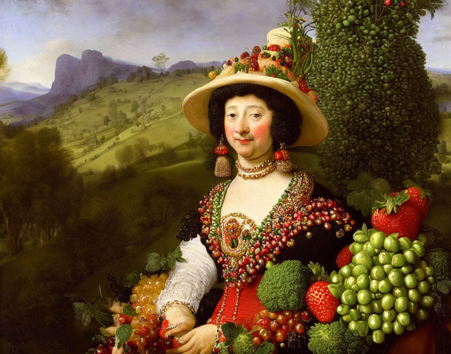 Woman adorned with fruits and vegetables in pastoral landscape