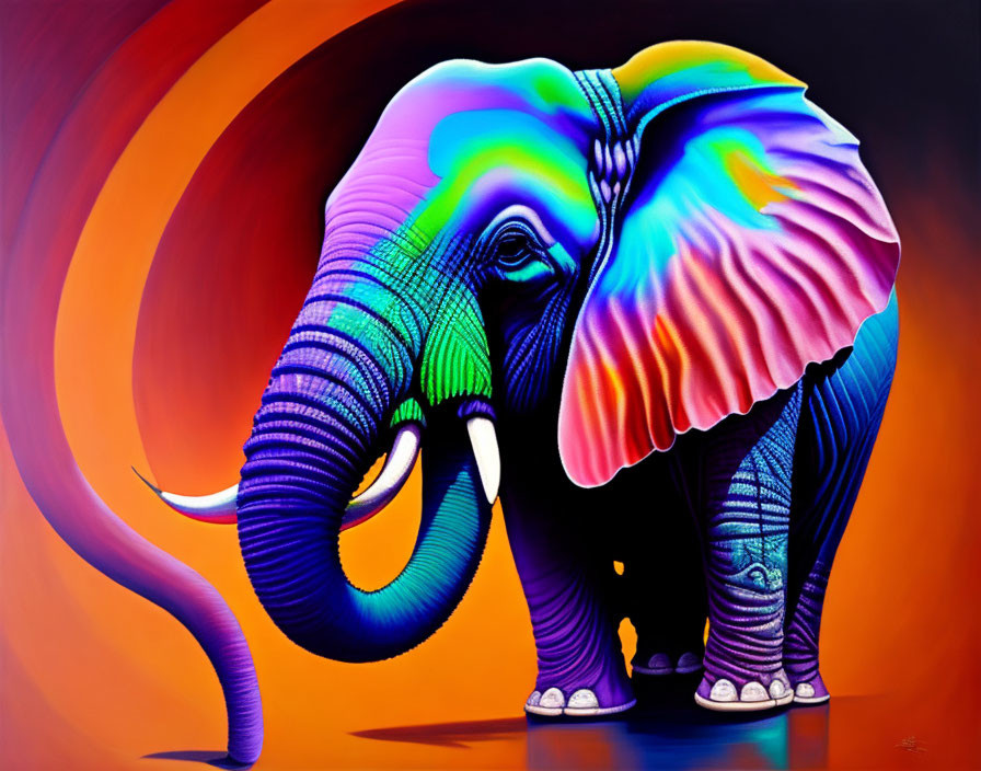 Colorful Elephant Painting in Blue, Purple, and Pink on Orange Background