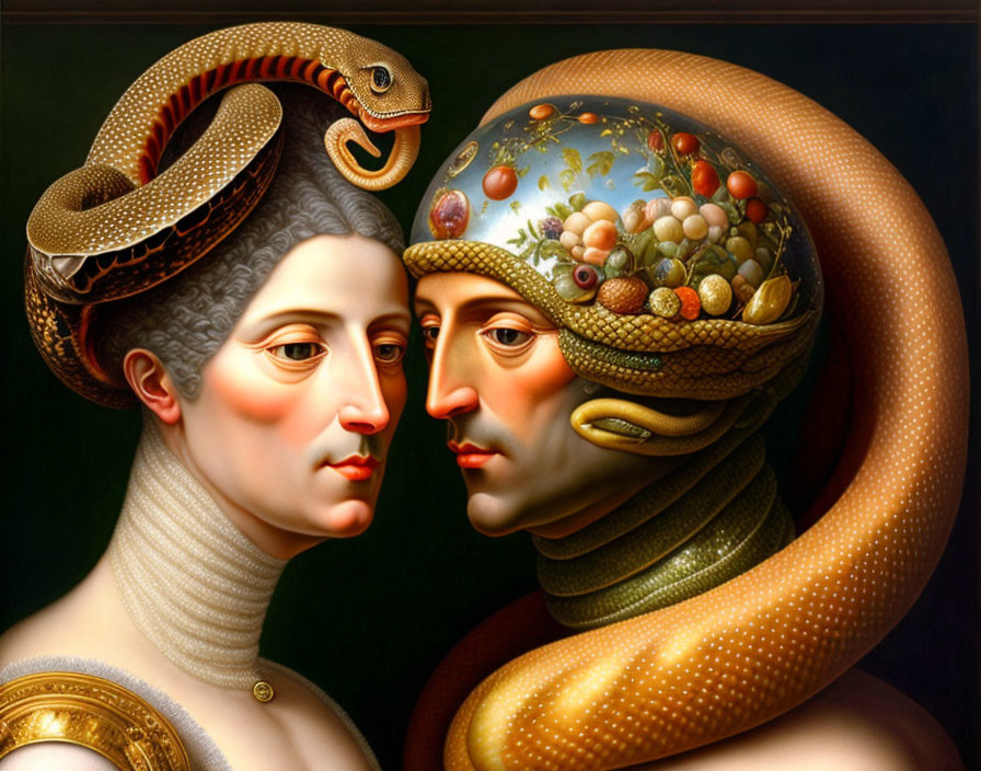 Surreal portrait: Two figures with serpent and fruit headdress