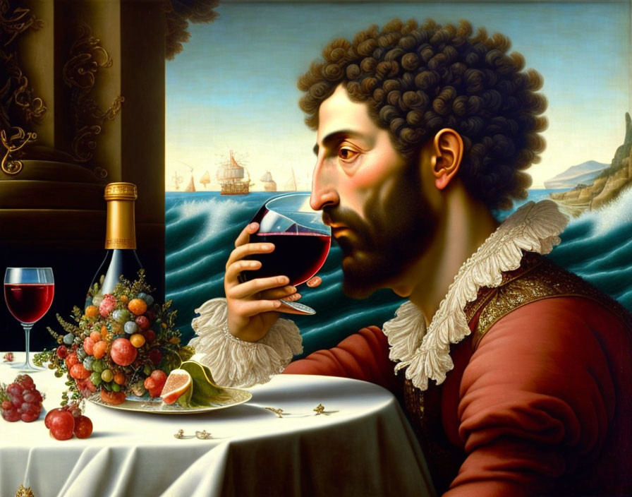 Man with Merged Head and Fruit Bowl, Pear-like Nose, Holding Wine Glass in Surreal Portrait