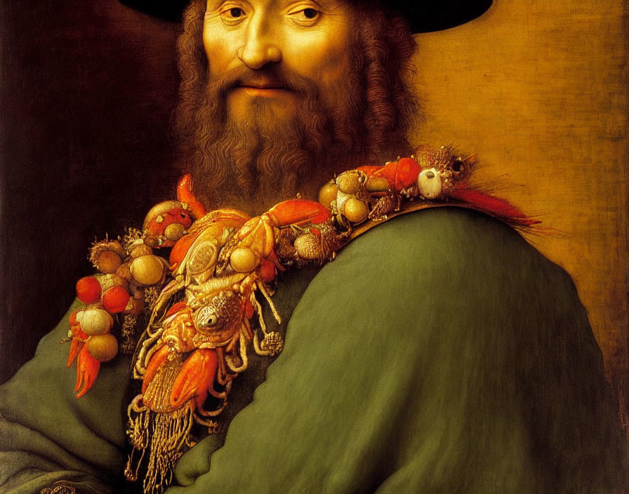 Man with Full Beard and Black Hat, Crab and Fruit Shoulder Piece