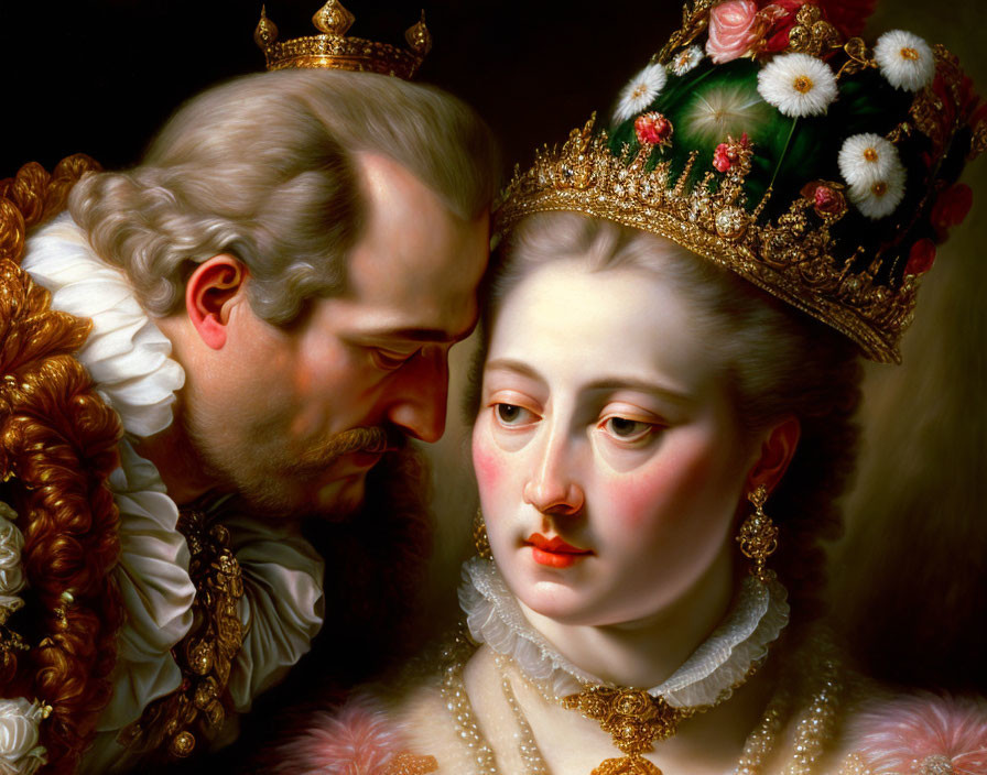 Regal couple painting with man in profile and woman in jeweled crown