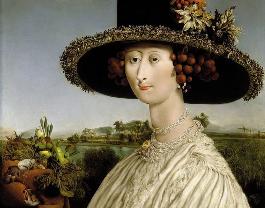 Classic Portrait of Woman with Large Ornate Black Hat and Floral Decorations