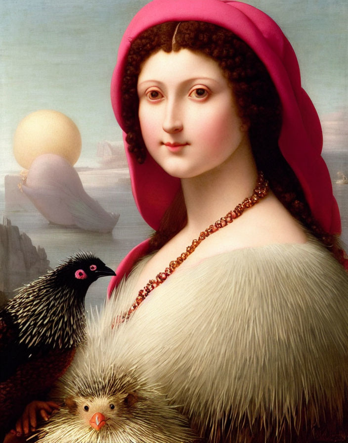 Young woman in red headscarf and amber necklace with bird-like creature.