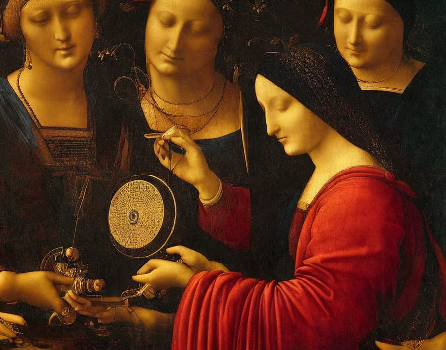 Renaissance painting of four serene women with one using a spindle