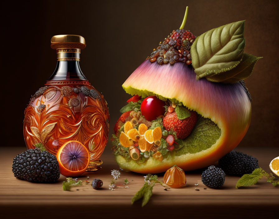 Luxurious Bottle with Sliced Fruit and Berries Display