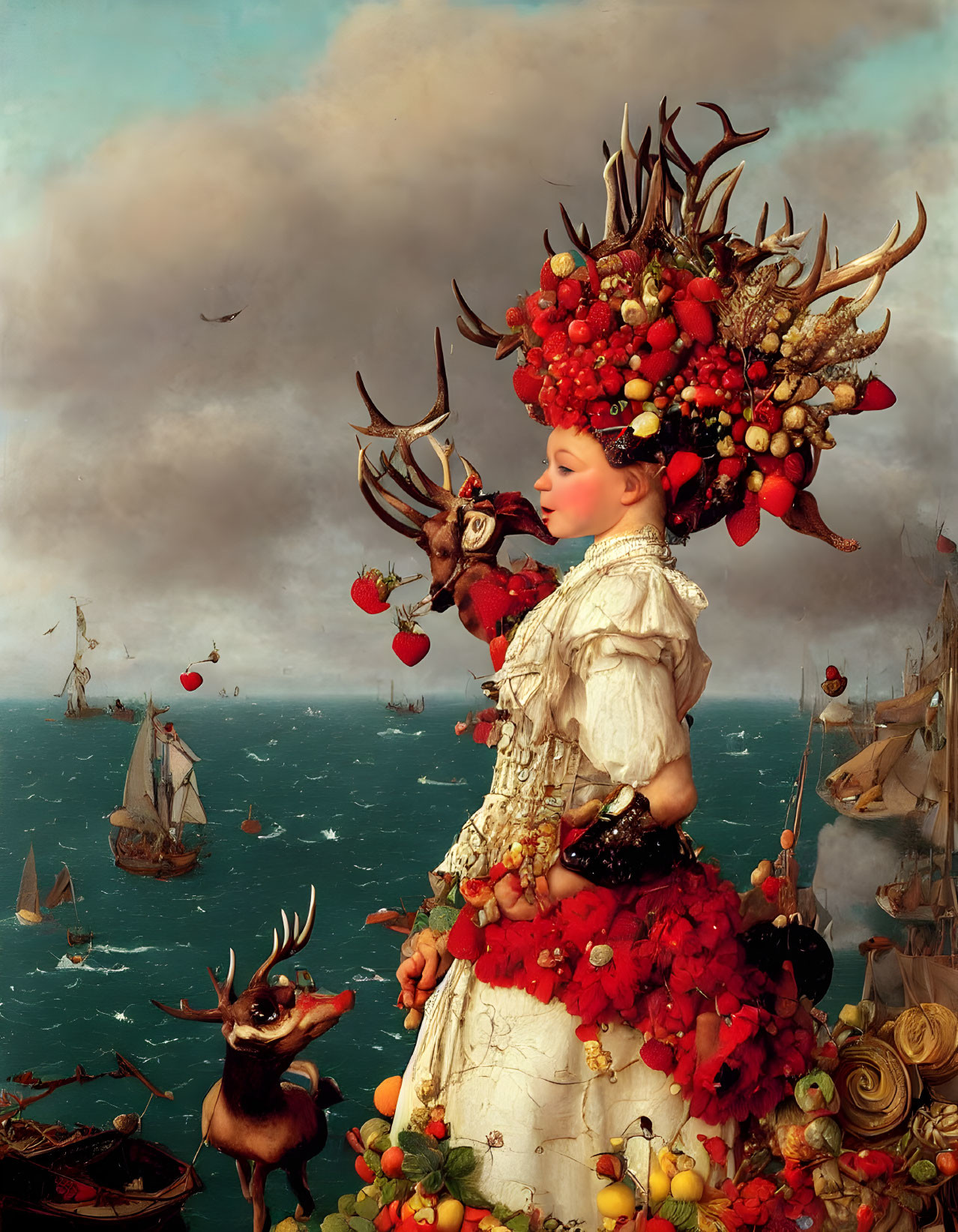 Surreal portrait of woman with fruit and flower headdress by serene sea