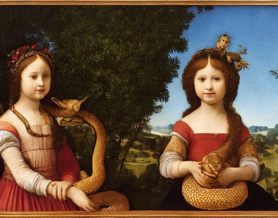 Renaissance painting of two young girls with serene landscape and animals