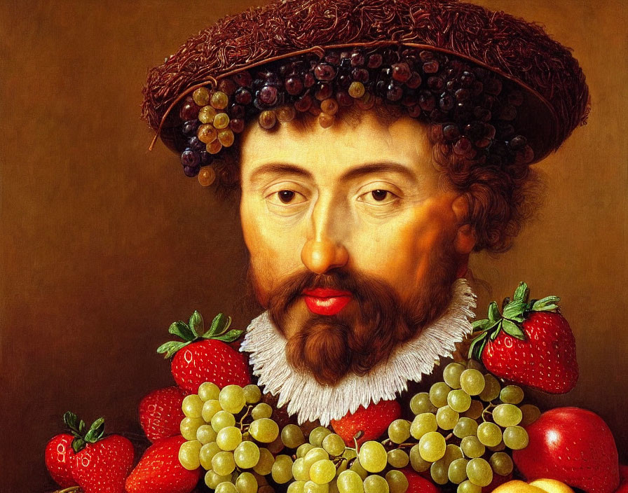 Man with Beard Wearing Fruit Crown and Strawberry Clothes