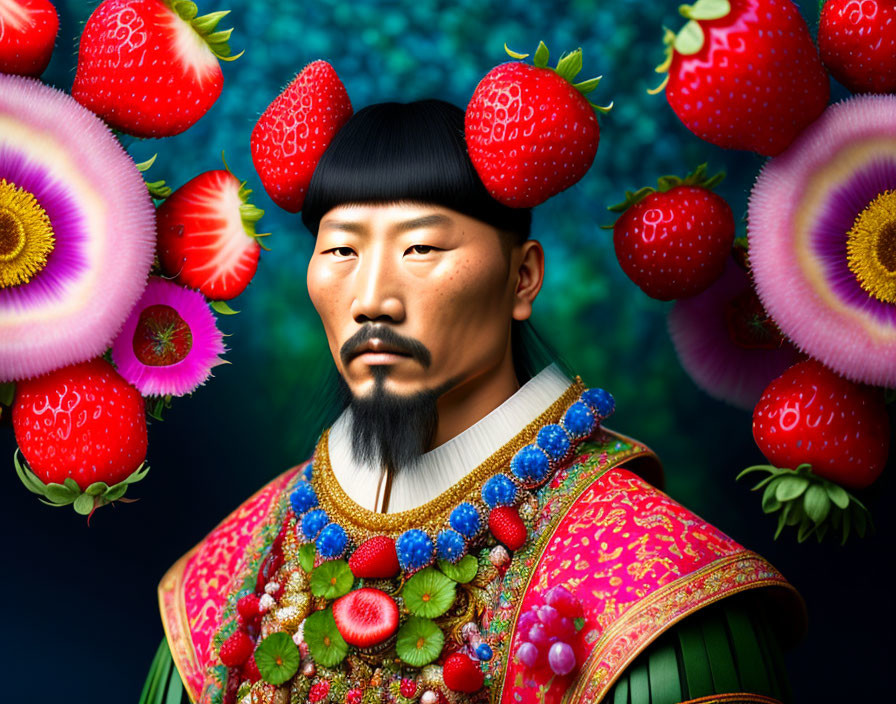 Colorful surreal portrait of man in Asian attire with strawberry hat and floral backdrop