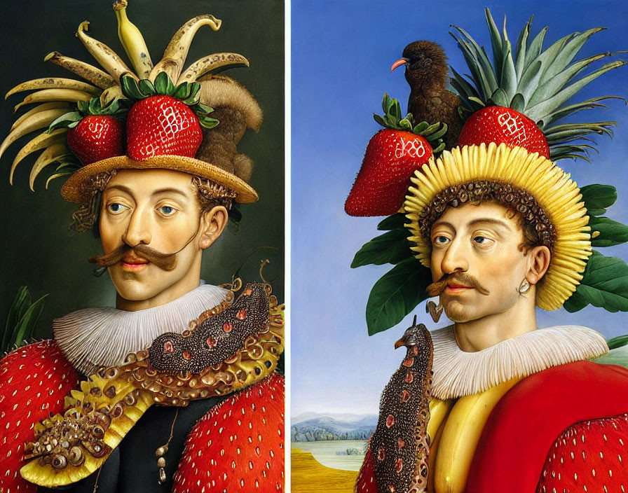 Two Men Portraits with Fruit Hats and Bird Perched