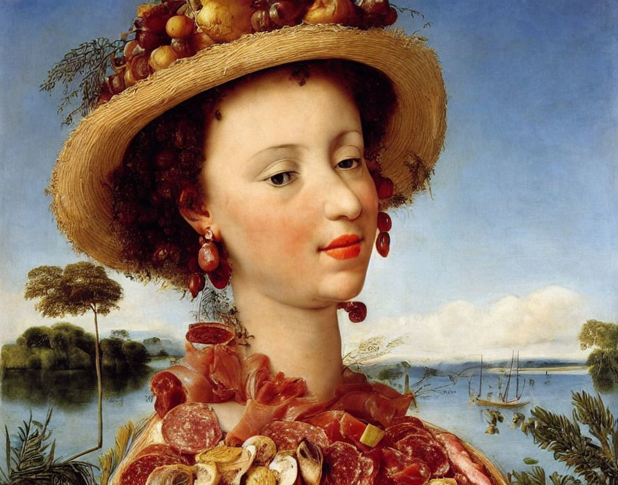 Woman with elaborate fruit and meat hat in serene lake setting