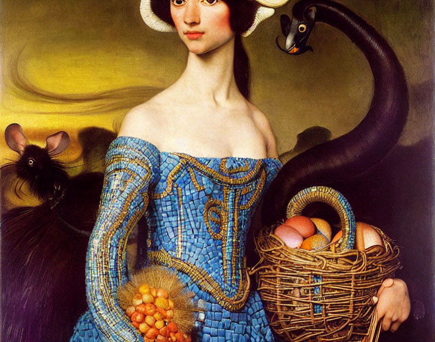 Woman in blue dress with fruits, black swan, and rat in artwork