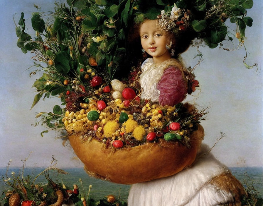 Young girl's face in cornucopia of fruits and flowers on serene sky.