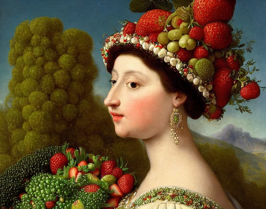 Renaissance-style portrait woman with fruit hat, strawberries featured