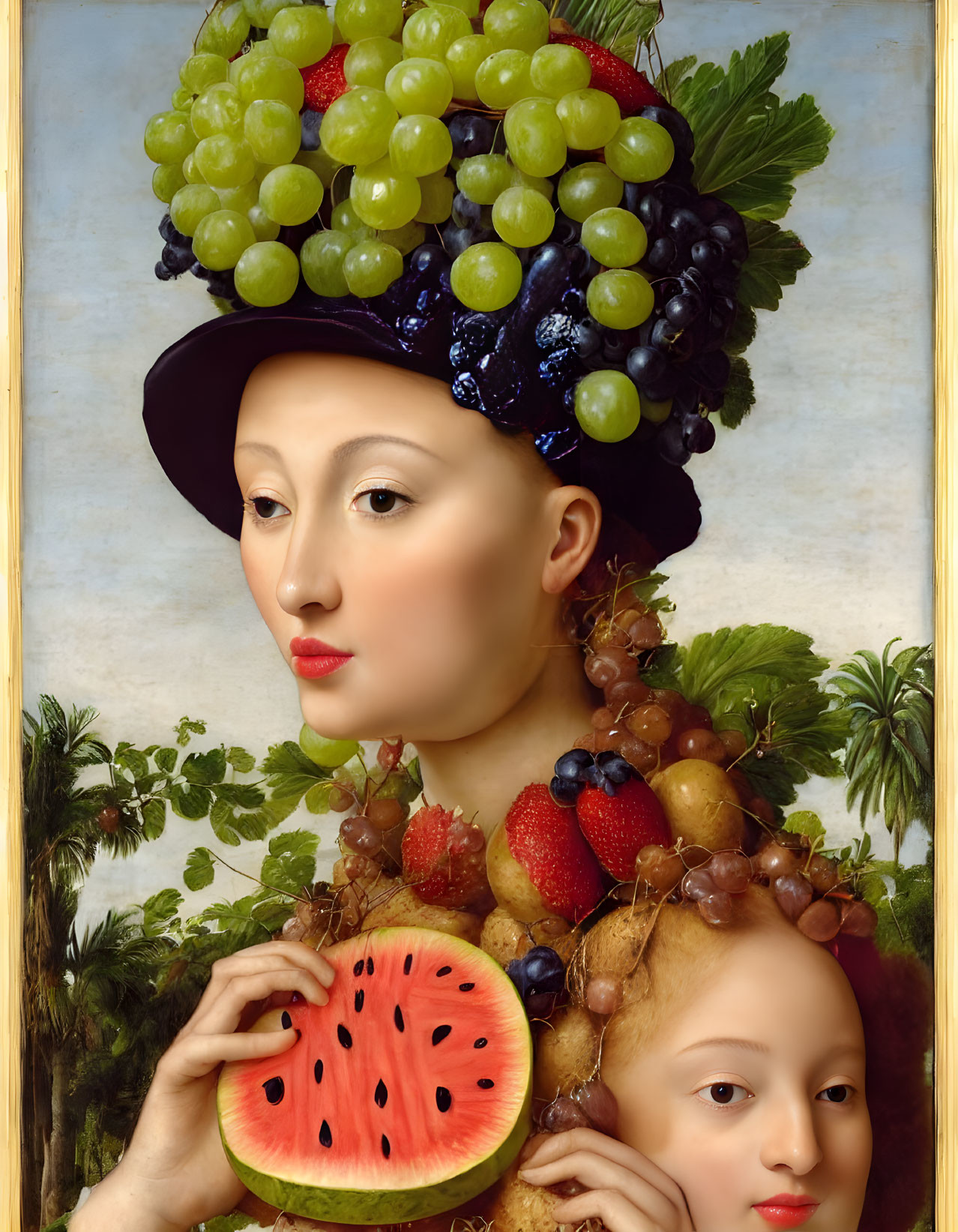 Hyperrealistic portrait featuring woman with fruit hat & smaller figure