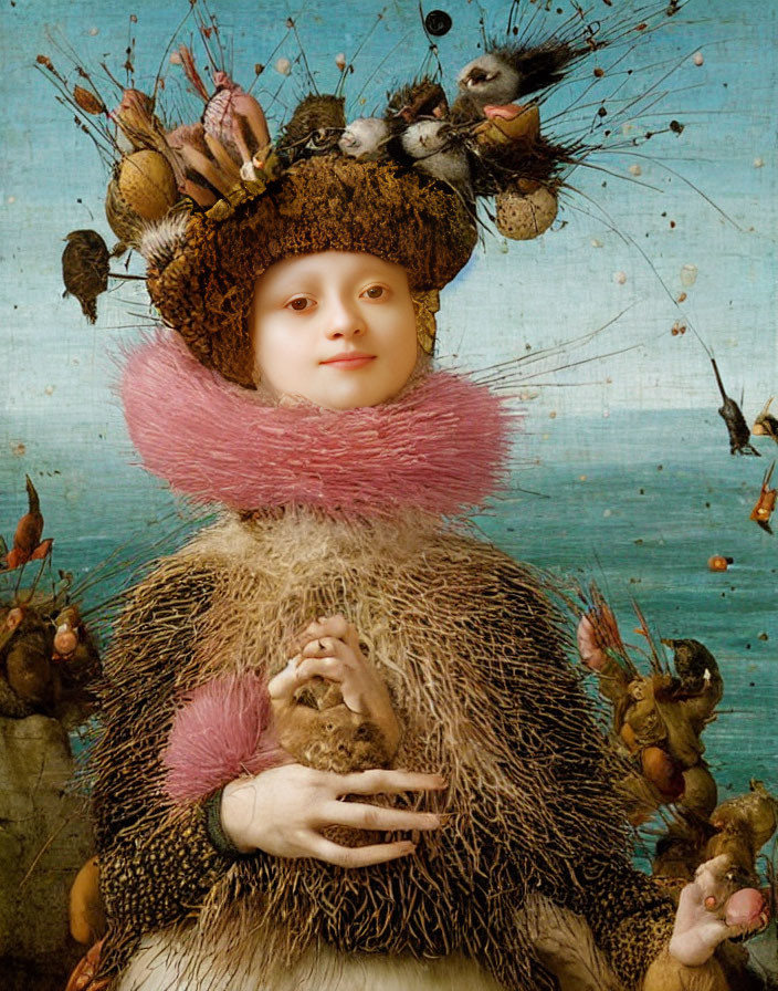 Child's face merges with furs and feathers in surreal portrait surrounded by birds and fish.