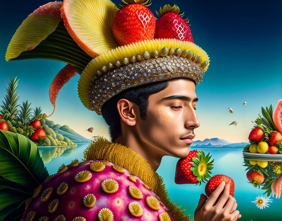 Digital artwork featuring person with fruit-themed headdress in surreal landscape