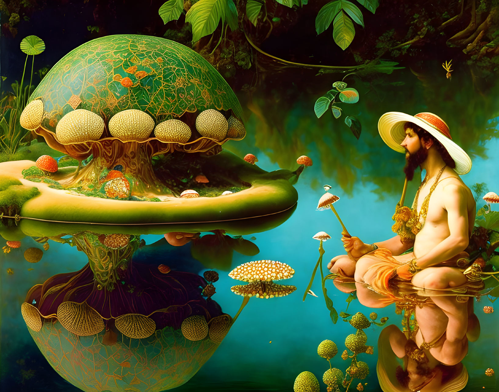 Giant mushroom and man in golden attire by reflective water with lush greenery