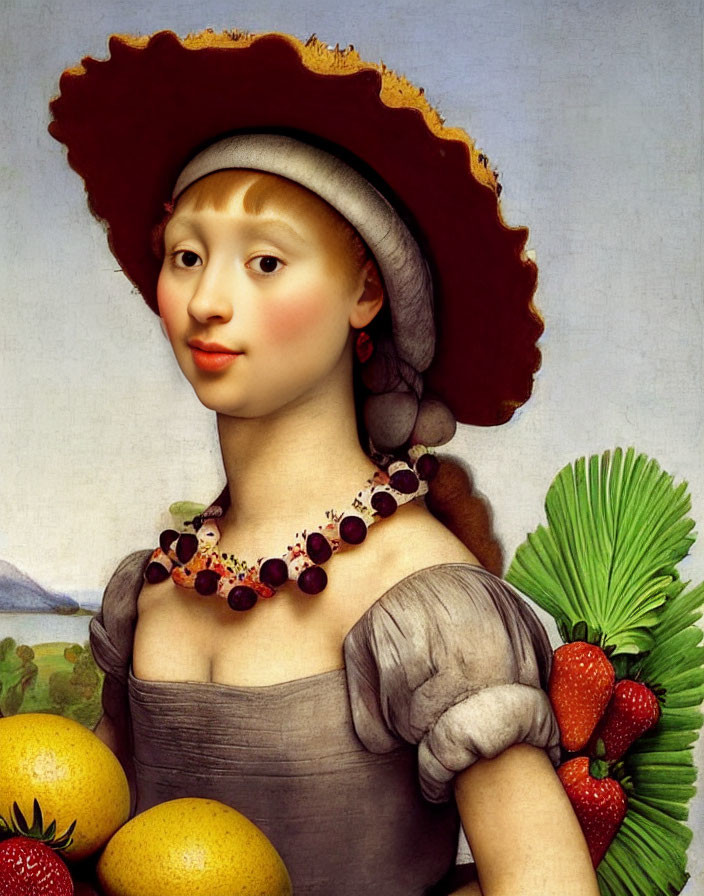 Woman portrait with wide-brimmed hat, fruit necklace, pastoral background & vibrant colors