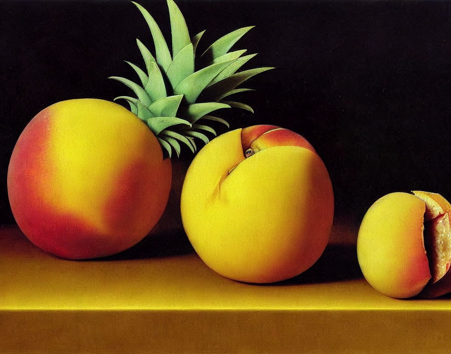 Still life painting with peaches, sliced peach, and pineapple on dark background