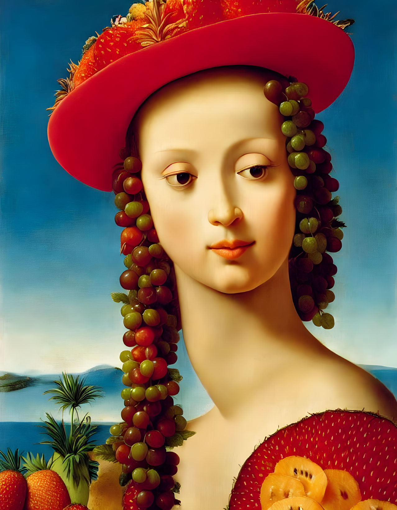 Woman's head with red fruit hat and fruit dress painting.