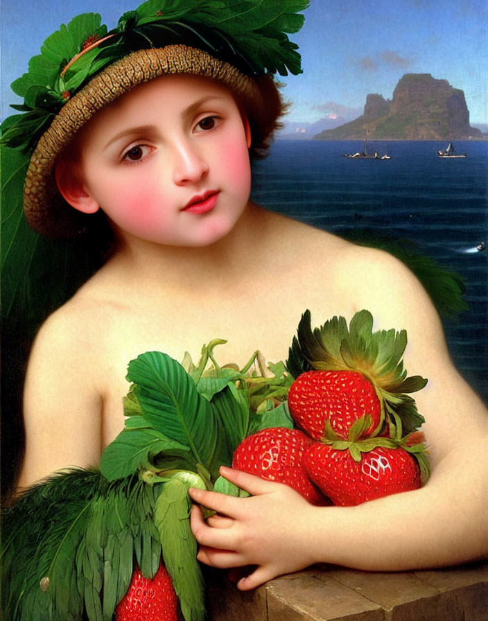 Young person with laurel crown holding strawberries in serene seascape.